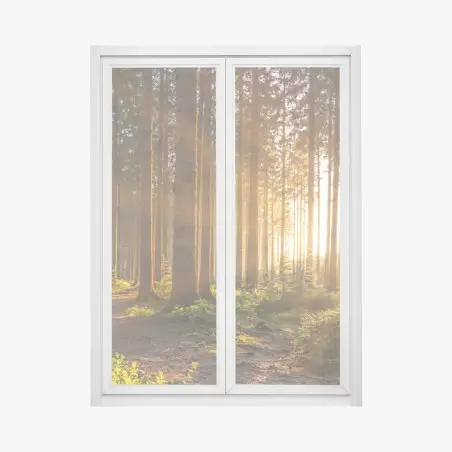 Sticker pour vitres et fenêtres forêt silencieuse aux rayons dorés – Wallnifity®
