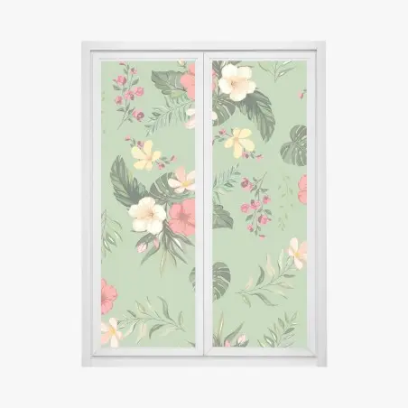 Sticker pour vitres et fenêtres motif tropical fleuri sur fond vert – Wallnifity®
