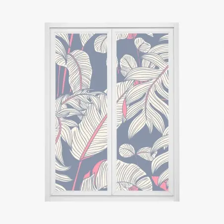 Sticker pour vitres et fenêtres feuillage tropical graphique bleu nuit et corail – Wallnifity®
