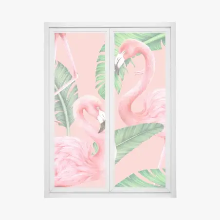 Sticker pour vitres et fenêtres motif flamants roses et feuilles tropicales – Wallnifity®