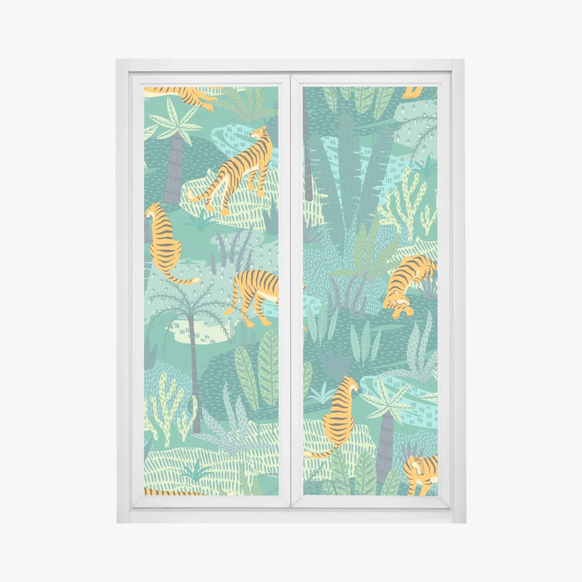 Sticker pour vitres et fenêtres scène de jungle aux tigres stylisés – Wallnifity® Sticker pour vitres et fenêtres scène de jungle aux tigres stylisés – Wallnifity®
