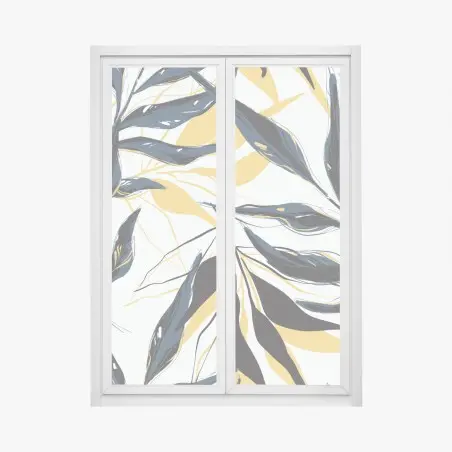 Sticker pour vitres et fenêtres feuillage stylisé bleu marine et jaune moutarde – Wallnifity®