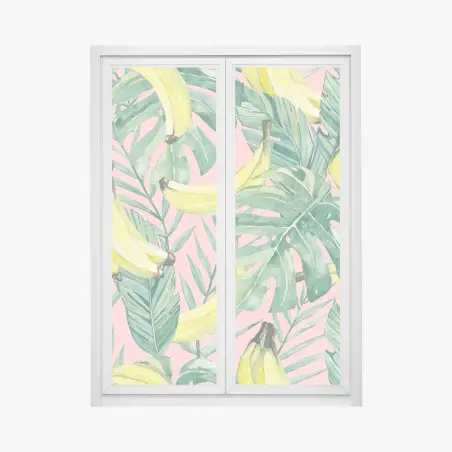 Sticker pour vitres et fenêtres motif tropical bananes et feuilles aquarelle sur fond rose – Wallnifity®