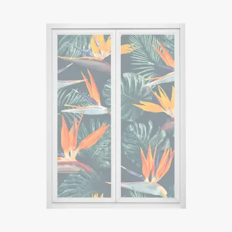 Sticker pour vitres et fenêtres motif tropical d'oiseaux-de-paradis et feuilles monstera – Wallnifity®
