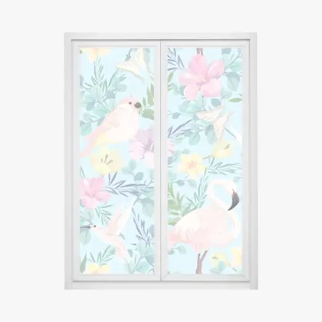 Sticker pour vitres et fenêtres jungle pastel au flamant rose et aux colibris – Wallnifity®