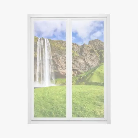 Sticker pour vitres et fenêtres cascade Seljalandsfoss, paysage d'Islande verdoyant – Wallnifity®