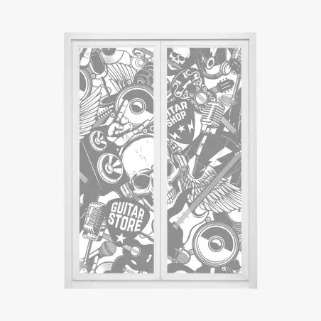 Sticker pour vitres et fenêtres motif rock'n'roll monochrome avec crâne et guitares – Wallnifity®