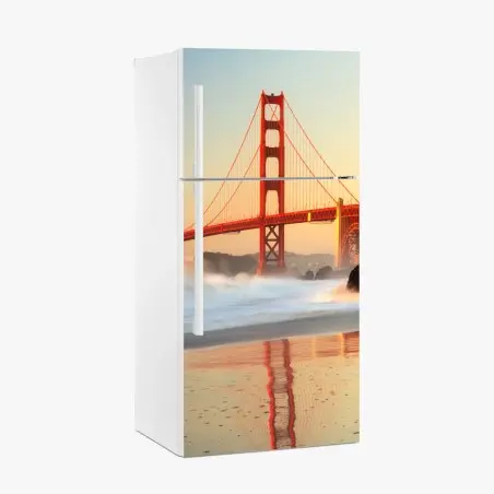 Sticker pour réfrigérateur vue dorée du Golden Gate au crépuscule – Wallnifity®