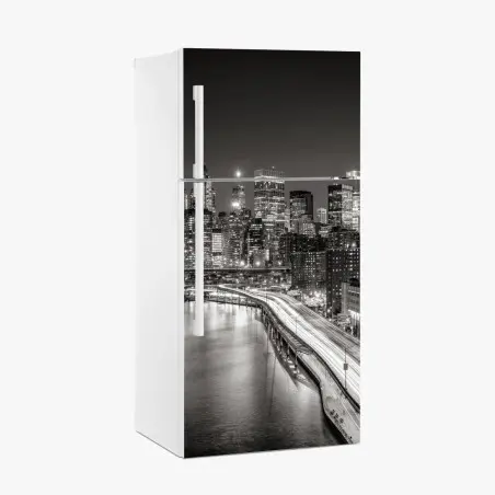 Sticker pour réfrigérateur panorama urbain nocturne New York en noir et blanc – Wallnifity®