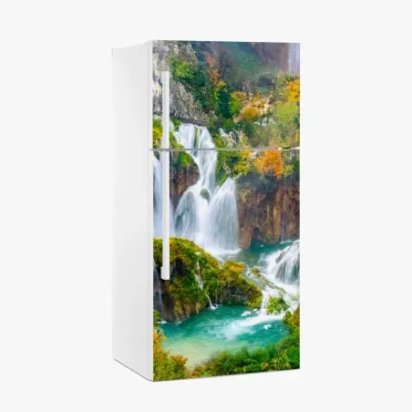 Sticker pour réfrigérateur paysage de cascades et lacs turquoise en automne – Wallnifity®