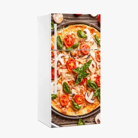 Sticker pour réfrigérateur pizza italienne rustique sur fond en bois – Wallnifity®