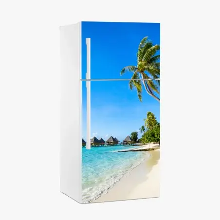 Sticker pour réfrigérateur évasion tropicale: plage paradisiaque et bungalows sur pilotis – Wallnifity®
