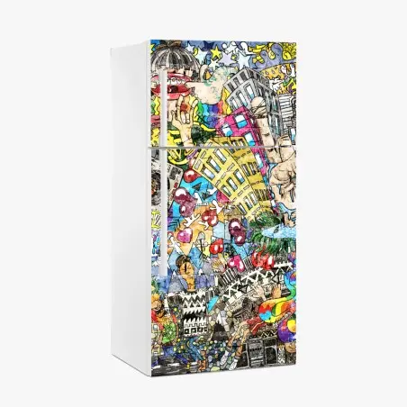 Sticker pour réfrigérateur fresque urbaine multicolore : collage musical et psychédélique – Wallnifity®