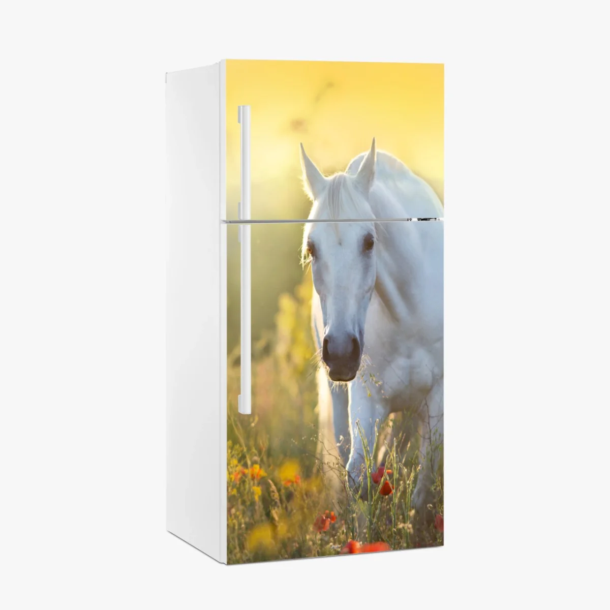Sticker pour réfrigérateur cheval blanc dans un champ de coquelicots au lever du soleil – Wallnifity® Sticker pour réfrigérateur cheval blanc dans un champ de coquelicots au lever du soleil – Wallnifity®