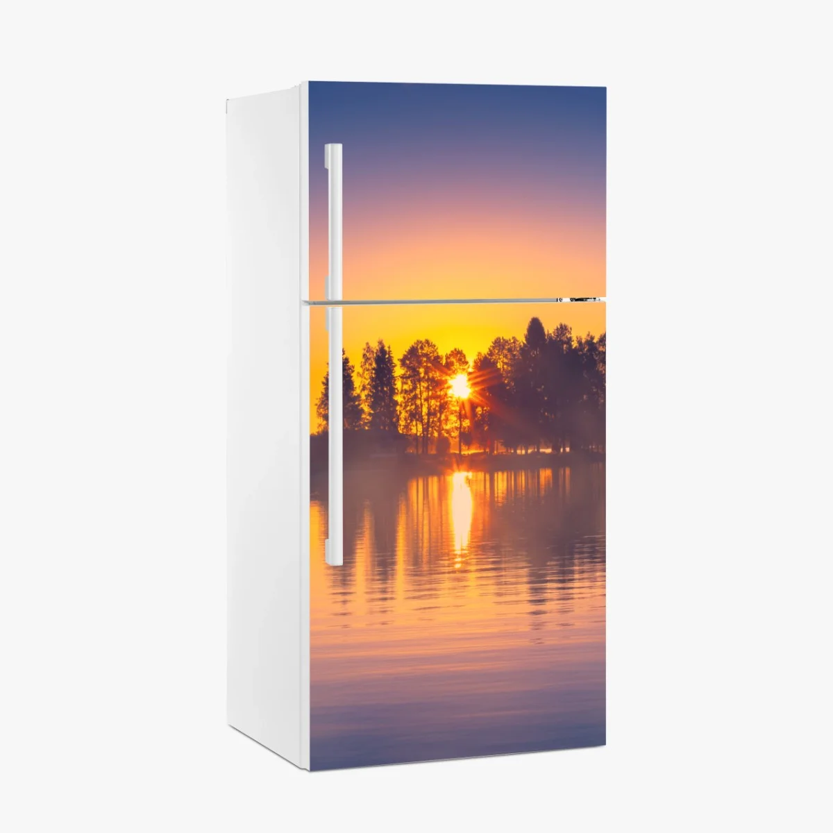 Sticker pour réfrigérateur coucher de soleil sur le lac brumeux – Wallnifity® Sticker pour réfrigérateur coucher de soleil sur le lac brumeux – Wallnifity®