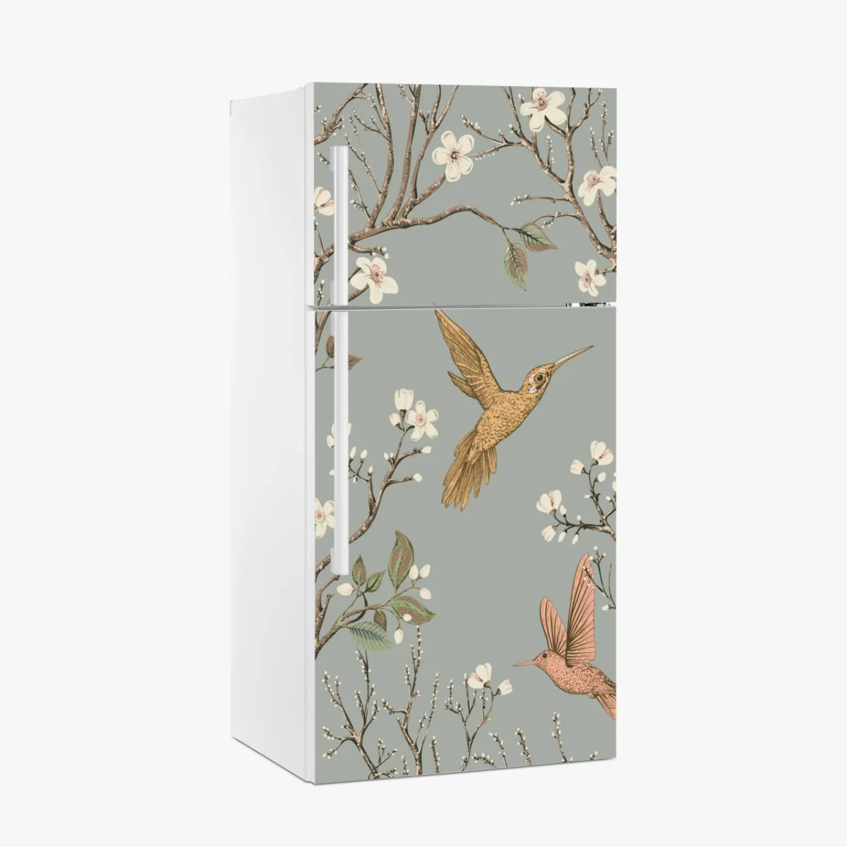 Sticker pour réfrigérateur colibris et fleurs sur fond vert doux – Wallnifity® Sticker pour réfrigérateur colibris et fleurs sur fond vert doux – Wallnifity®