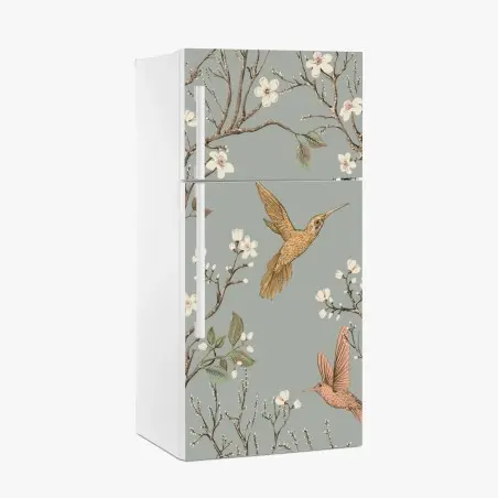 Sticker pour réfrigérateur colibris et fleurs sur fond vert doux – Wallnifity®
