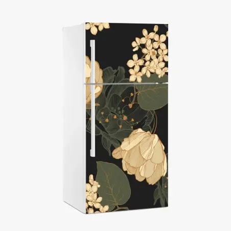 Sticker pour réfrigérateur motif floral doré sur fond noir – Wallnifity®