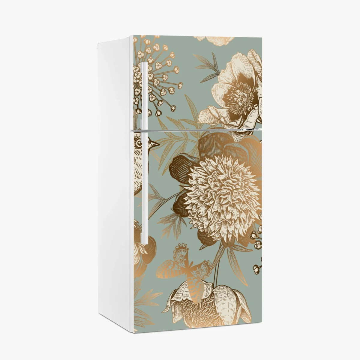 Sticker pour réfrigérateur motif floral vintage avec oiseau et papillons sur fond bleu-vert – Wallnifity® Sticker pour réfrigérateur motif floral vintage avec oiseau et papillons sur fond bleu-vert – Wallnifity®