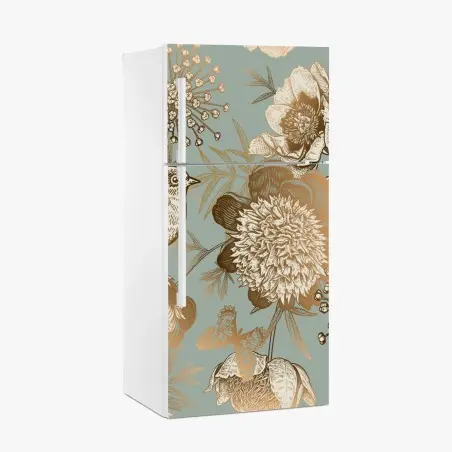 Sticker pour réfrigérateur motif floral vintage avec oiseau et papillons sur fond bleu-vert – Wallnifity®