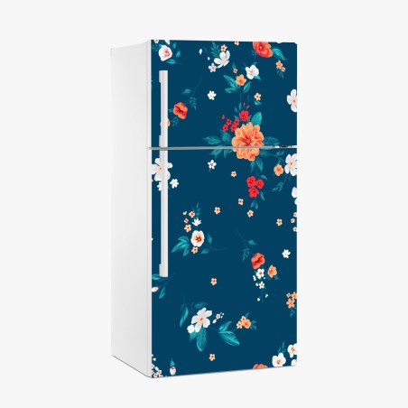 Sticker pour réfrigérateur motif floral rétro sur fond bleu profond – Wallnifity®