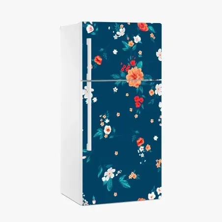 Sticker pour réfrigérateur motif floral rétro sur fond bleu profond – Wallnifity®