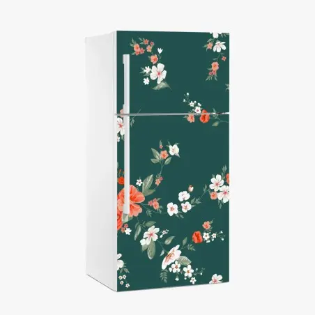Sticker pour réfrigérateur élégant motif floral corail sur fond vert – Wallnifity®