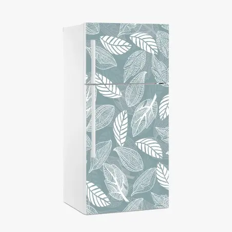 Sticker pour réfrigérateur motif feuilles blanches sur fond bleu-gris – Wallnifity®