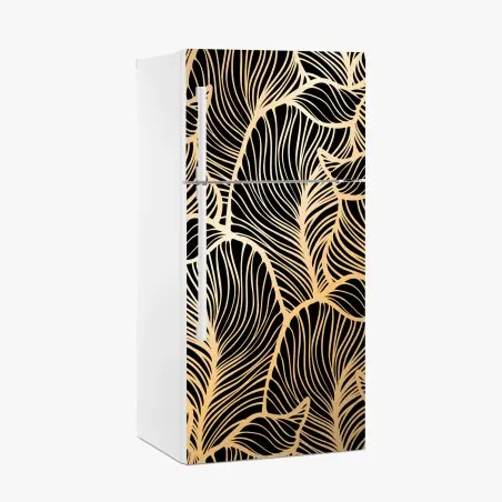 Sticker pour réfrigérateur motif feuilles dorées sur fond noir – Wallnifity®