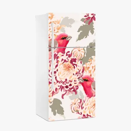 Sticker pour réfrigérateur oiseaux roses et chrysanthèmes en motif élégant – Wallnifity®
