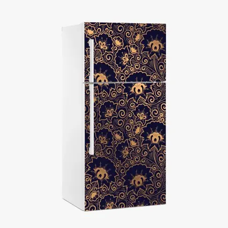 Sticker pour réfrigérateur motif floral baroque doré sur fond bleu marine – Wallnifity®