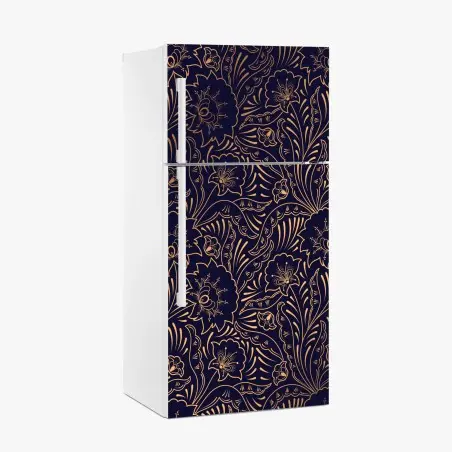 Sticker pour réfrigérateur motif floral art déco doré sur fond bleu nuit – Wallnifity®