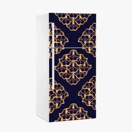 Sticker pour réfrigérateur motif floral doré sur fond bleu marine – Wallnifity®