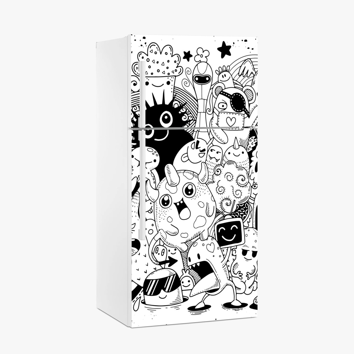 Sticker pour réfrigérateur rassemblement de monstres doodle en noir et blanc – Wallnifity®