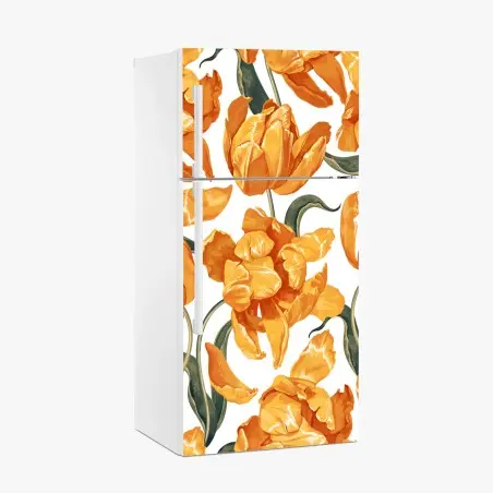 Sticker pour réfrigérateur motif tulipes orangées sur fond blanc – Wallnifity®
