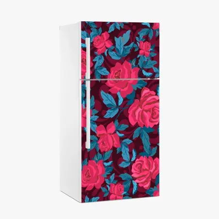 Sticker pour réfrigérateur motif floral de roses et feuillage bleu sur fond bordeaux – Wallnifity®