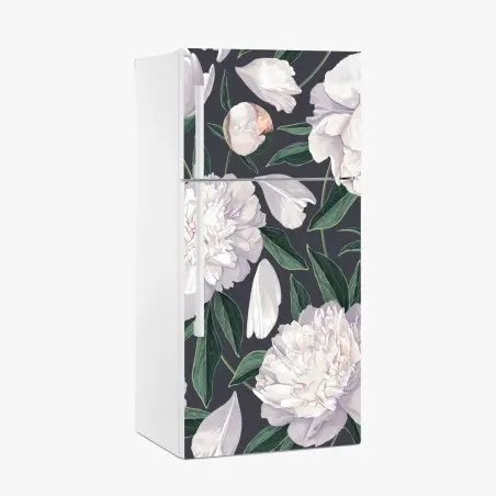 Sticker pour réfrigérateur pivoines blanches élégantes sur fond anthracite – Wallnifity®