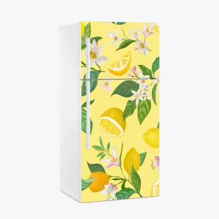 Sticker pour réfrigérateur motif citron et fleurs sur fond jaune – Wallnifity®