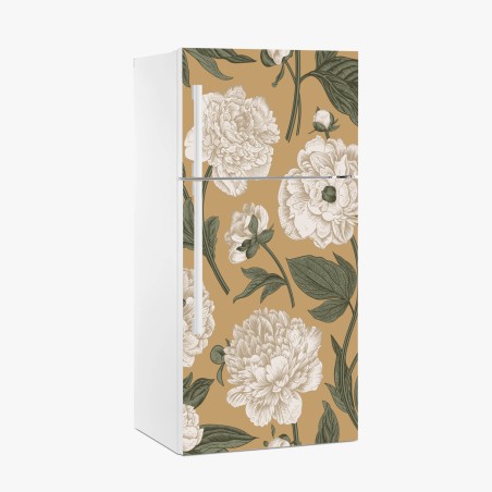 Sticker pour réfrigérateur motif de pivoines vintage sur fond beige – Wallnifity®