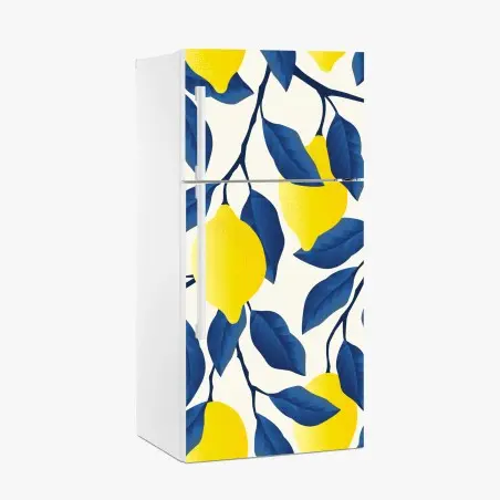 Sticker pour réfrigérateur motif citrons et feuilles bleues – Wallnifity®