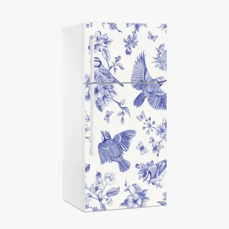 Sticker pour réfrigérateur motif oiseaux et fleurs bleues sur fond clair – Wallnifity®