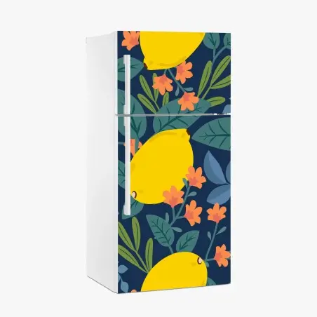Sticker pour réfrigérateur motif citrons et feuillages sur fond bleu nuit – Wallnifity®