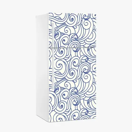 Sticker pour réfrigérateur motif ondes décoratives bleu et ivoire – Wallnifity®