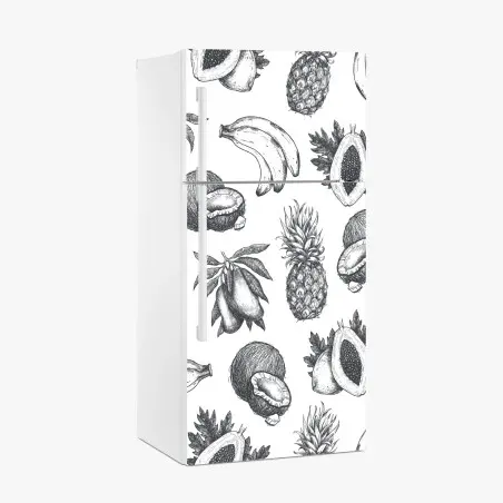 Sticker pour réfrigérateur motif fruits tropicaux croquis en noir et blanc – Wallnifity®