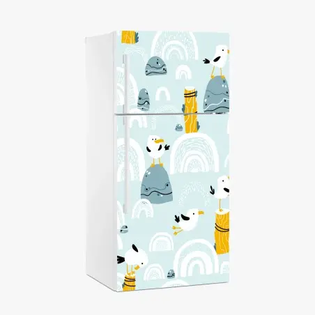 Sticker pour réfrigérateur motif de mouettes et galets sur fond pastel – Wallnifity®