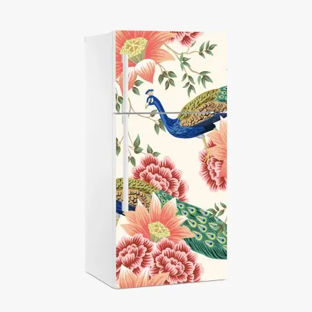 Sticker pour réfrigérateur paons et fleurs exotiques sur fond ivoire – Wallnifity®