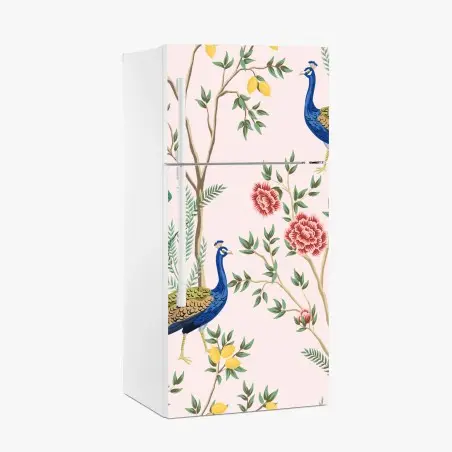 Sticker pour réfrigérateur paons et fleurs, motif botanique chic sur fond rose – Wallnifity®