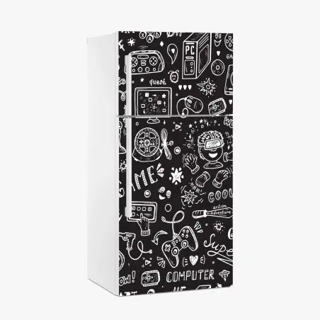 Sticker pour réfrigérateur motif doodle jeux vidéo en noir et blanc – Wallnifity®