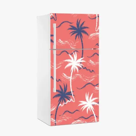 Sticker pour réfrigérateur motif tropical palmiers sur fond corail – Wallnifity®