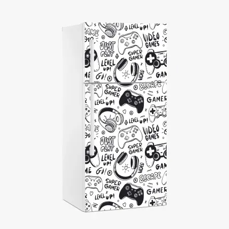 Sticker pour réfrigérateur motif doodle jeux vidéo noir et blanc – Wallnifity®